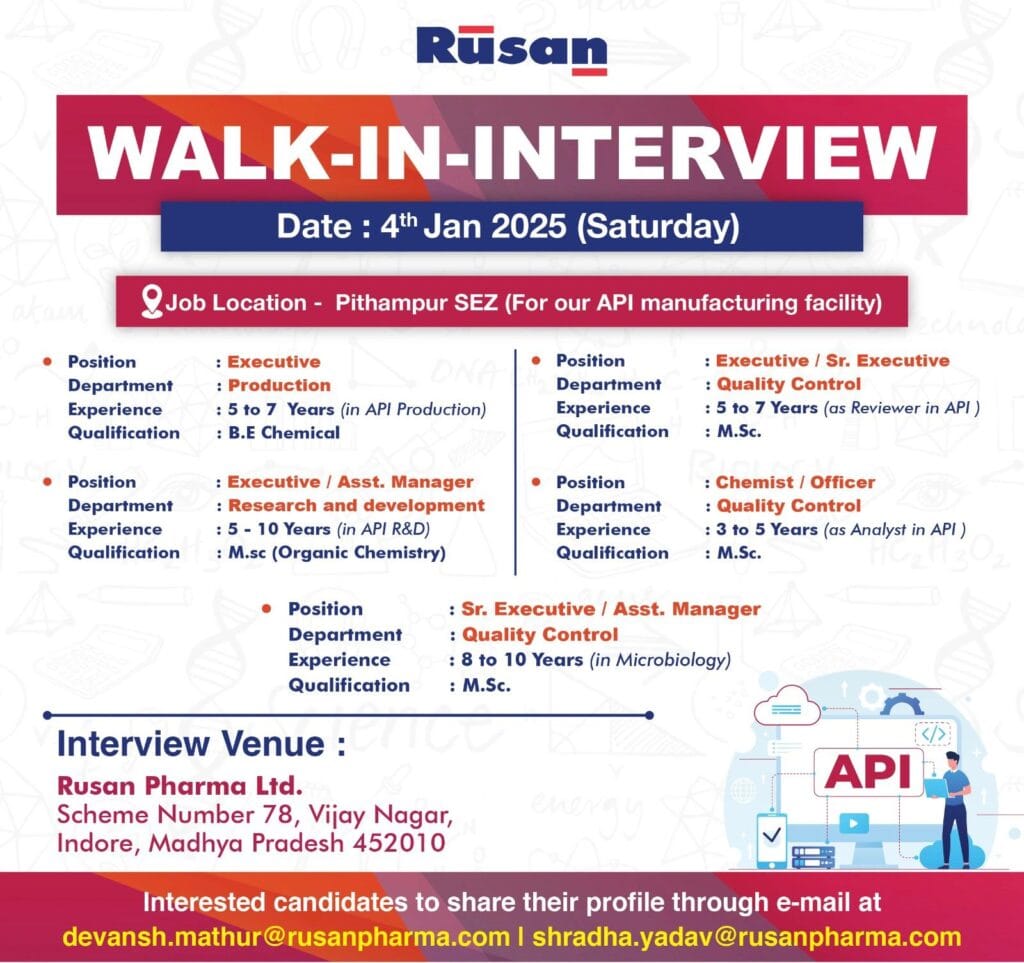 Rusan Pharma Walk In Interview For Production, R&D And Quality control.
