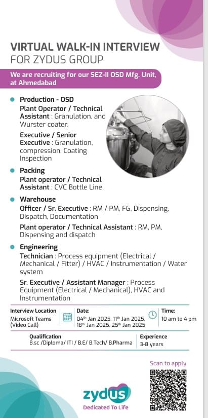 Zydus Group Walk In Interview For Production, Packing, Warehouse And Engineering.