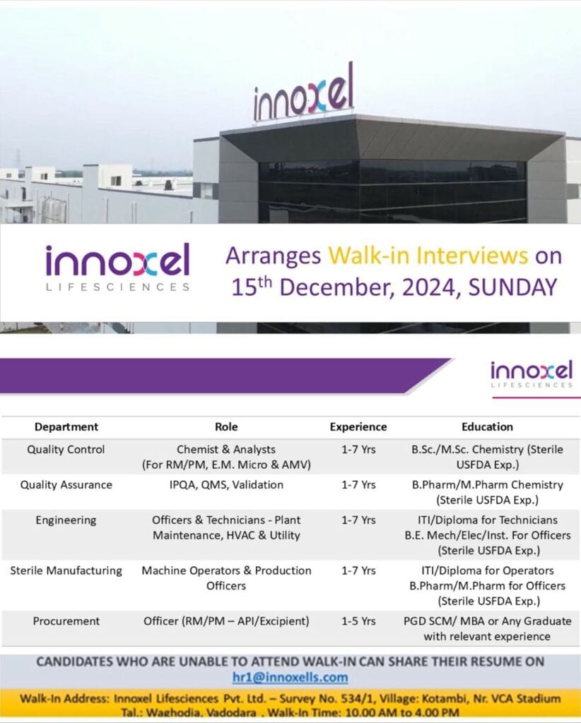 Innoxel Lifesciences Pvt. Ltd, Vadodara. Pharmaceutical Walk In Interview For Experienced At Vadodara ( Pharma Jobs ).