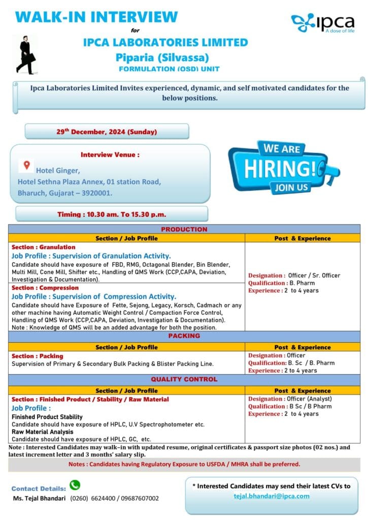 IPCA Piparia Walk-In For QC, Production & Packing At Bharuch.