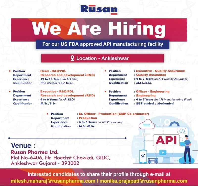Rusan Pharma API Interview For Production, QA, R&D And Engineering.