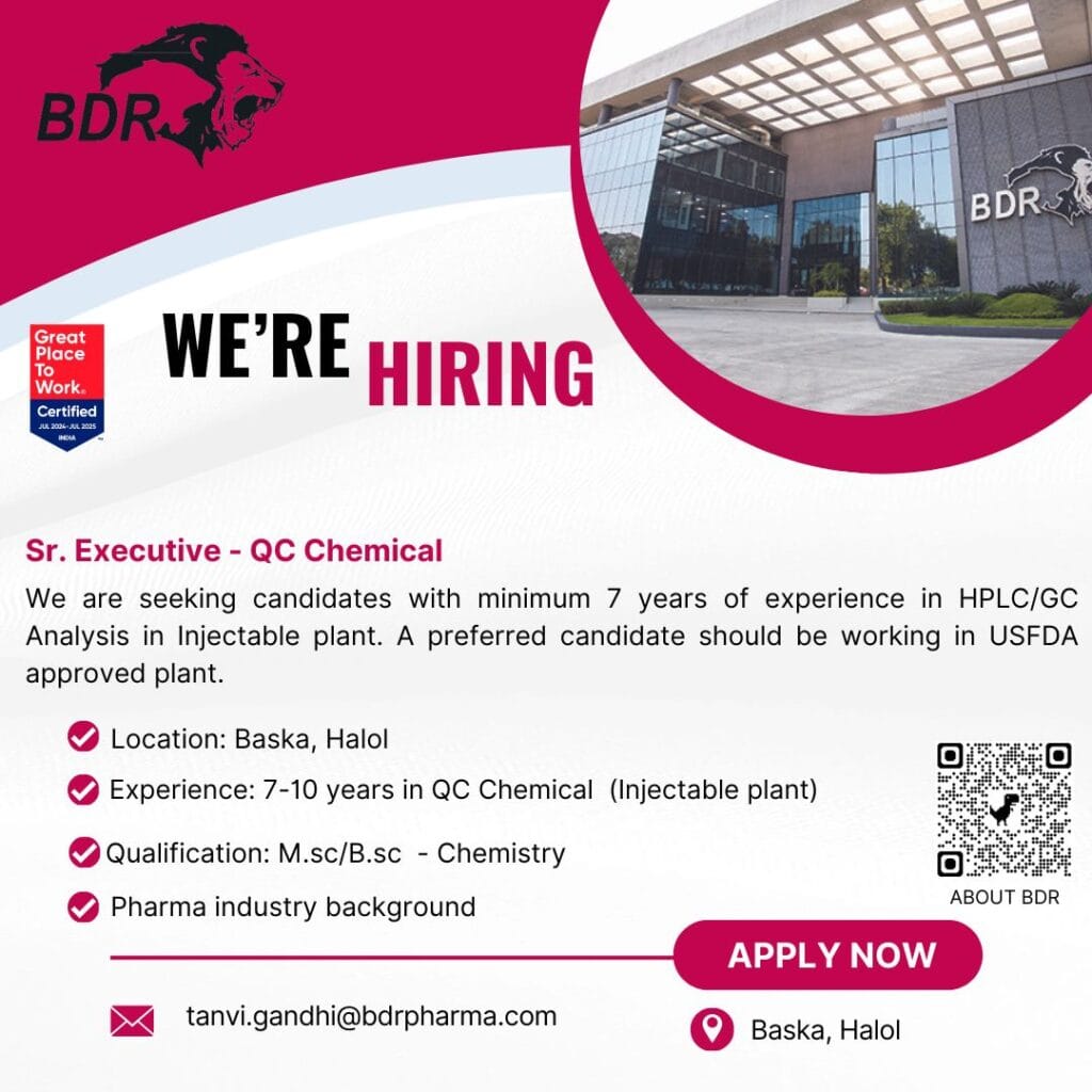 BDR Pharmaceuticals walk in interviews For Sr. Executive - Quality Control Chemical.