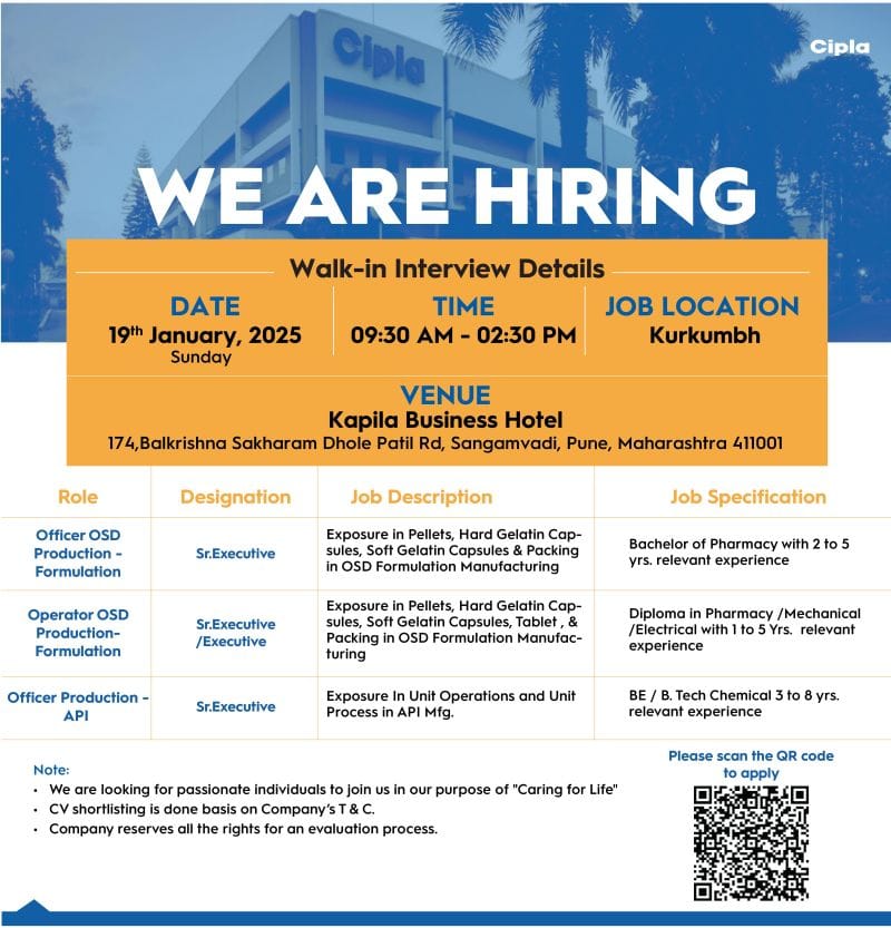 Cipla Pharma Jobs interviews At Pune.