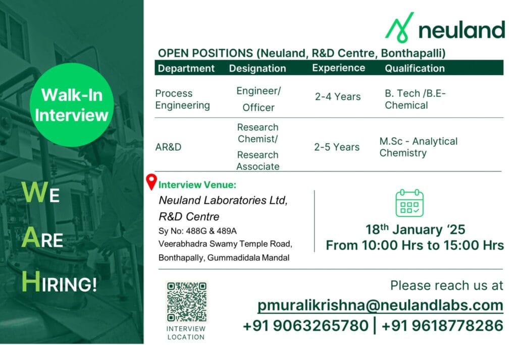 Neuland Bonthapalli Walk In For Process Engineering, AR&D.